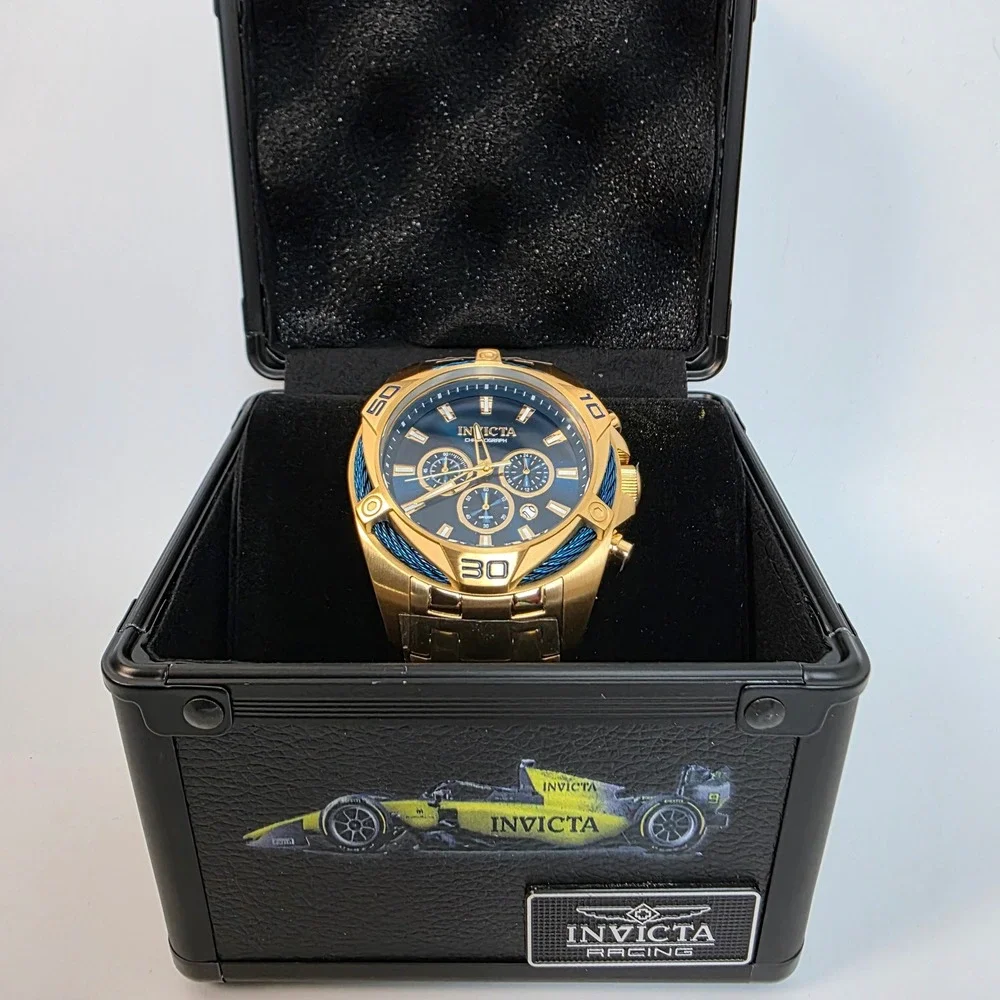 Invicta Bolt Tensora Mens Chronograph Watch 50mm Gold Blue Dial New Invicta Box